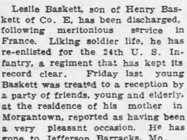 Newspaper clipping: Leslie Baskett re-enlists.